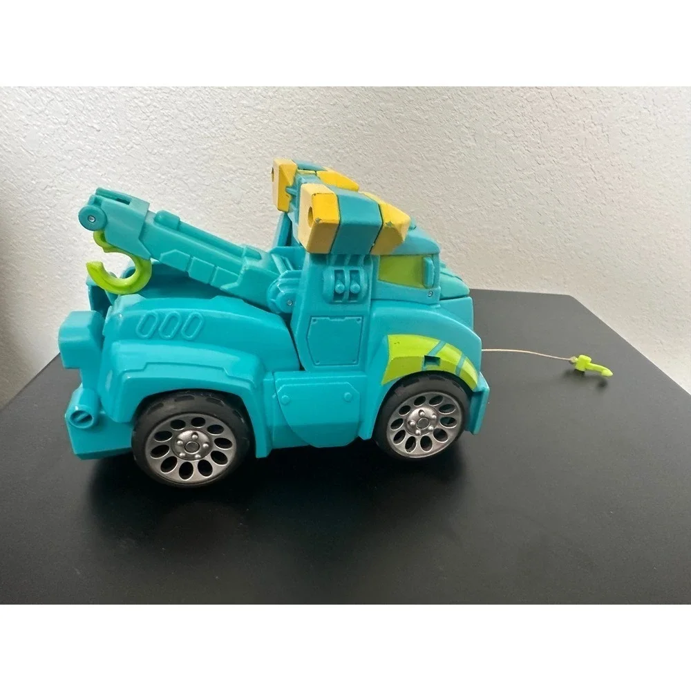 Transforming Robot Tow Truck Action Figure Teal Yellow Kids Toy Pull Cord
